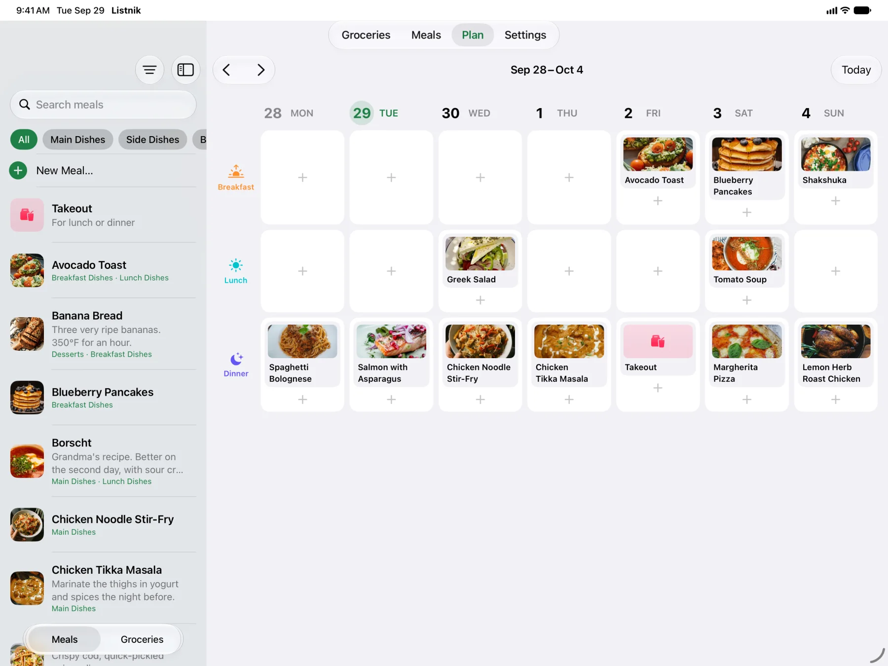 Listnik on iPad: the meal library beside this week's board of breakfasts, lunches and dinners.