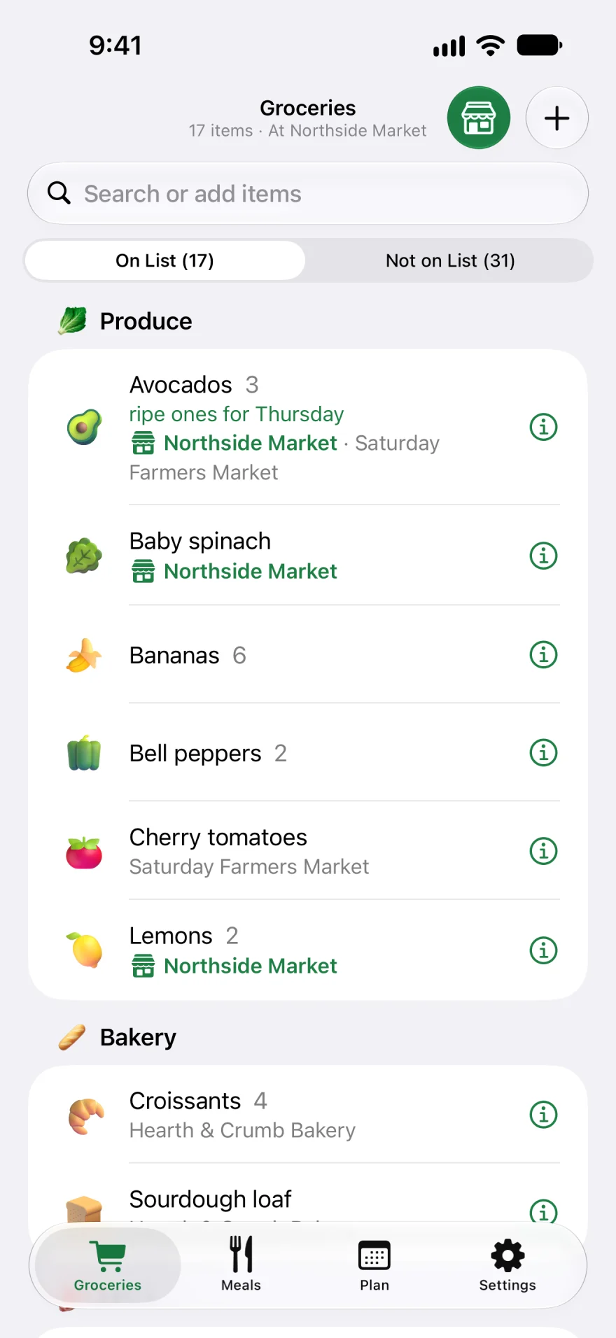The grocery list on iPhone, set to Northside Market: produce first, each item with a photo, amount and note.