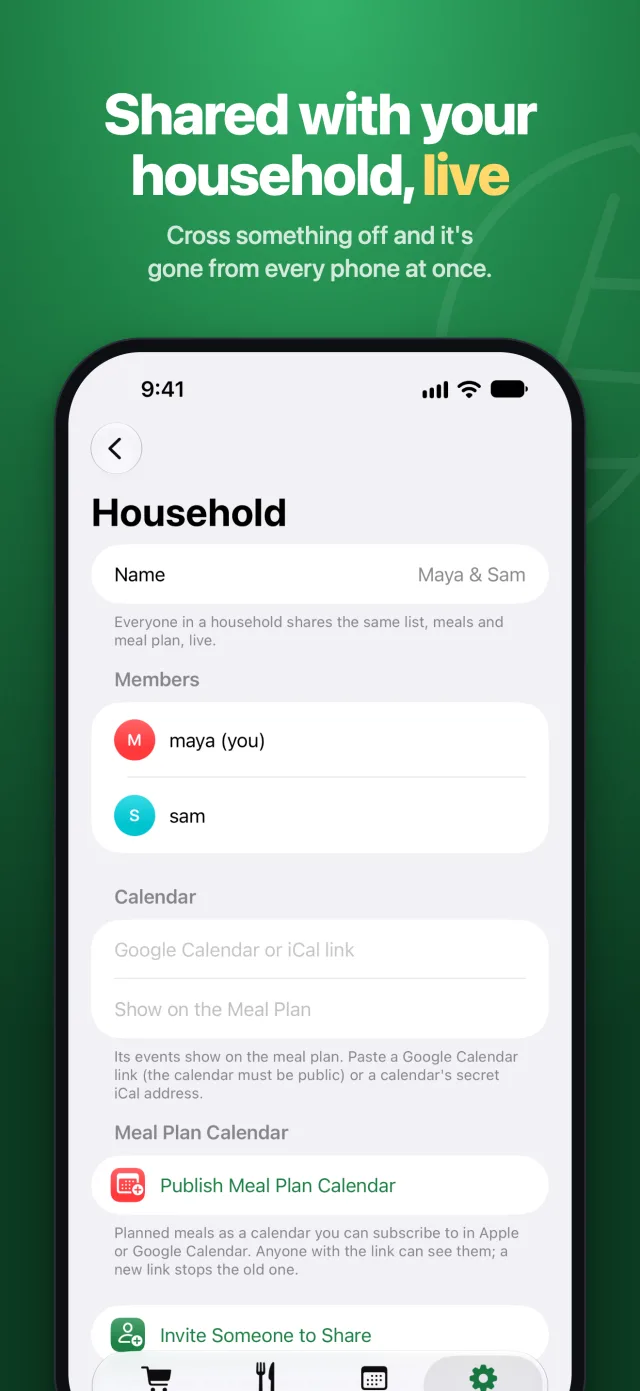 Shared with your household, live: Maya and Sam in one household.