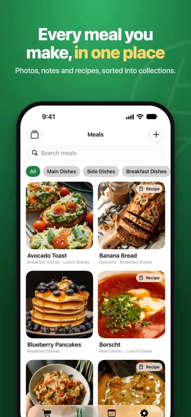 Every meal you make in one place: the meals grid with photos and collections.