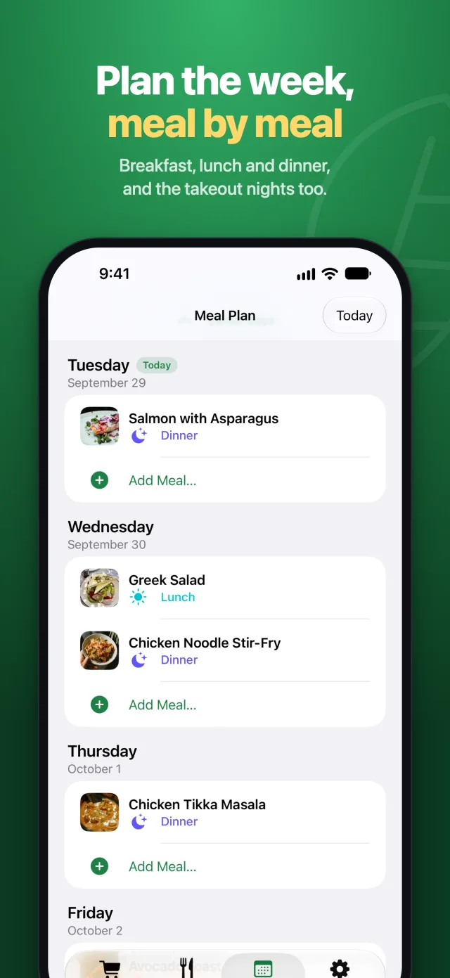 Plan the week meal by meal: this week's breakfasts, lunches and dinners.