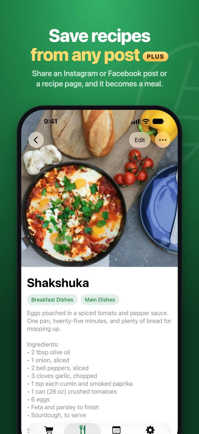 Save recipes from any post: a shakshuka recipe saved as a meal.