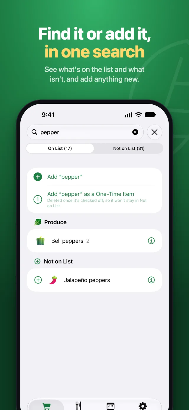 Find it or add it in one search: matches on and off the list, and Add rows.