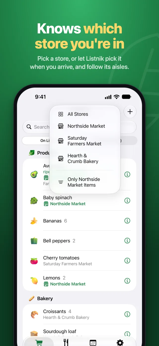 Knows which store you're in: the store menu over the list.